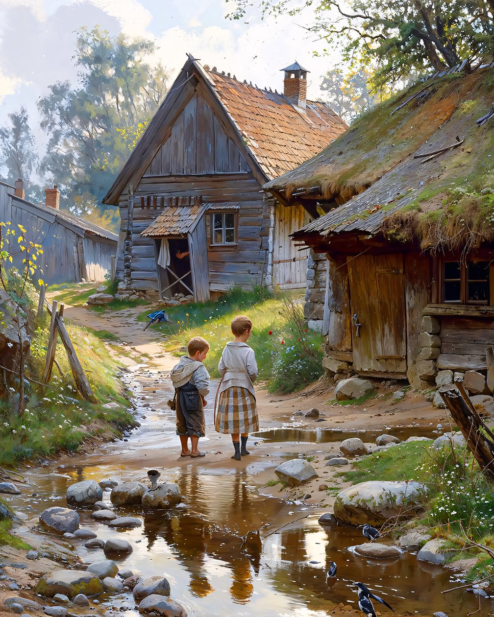 田舎の日常生活。村の通り、木造小屋の前の子供たち 作： ファフタリ・アブデラヒム