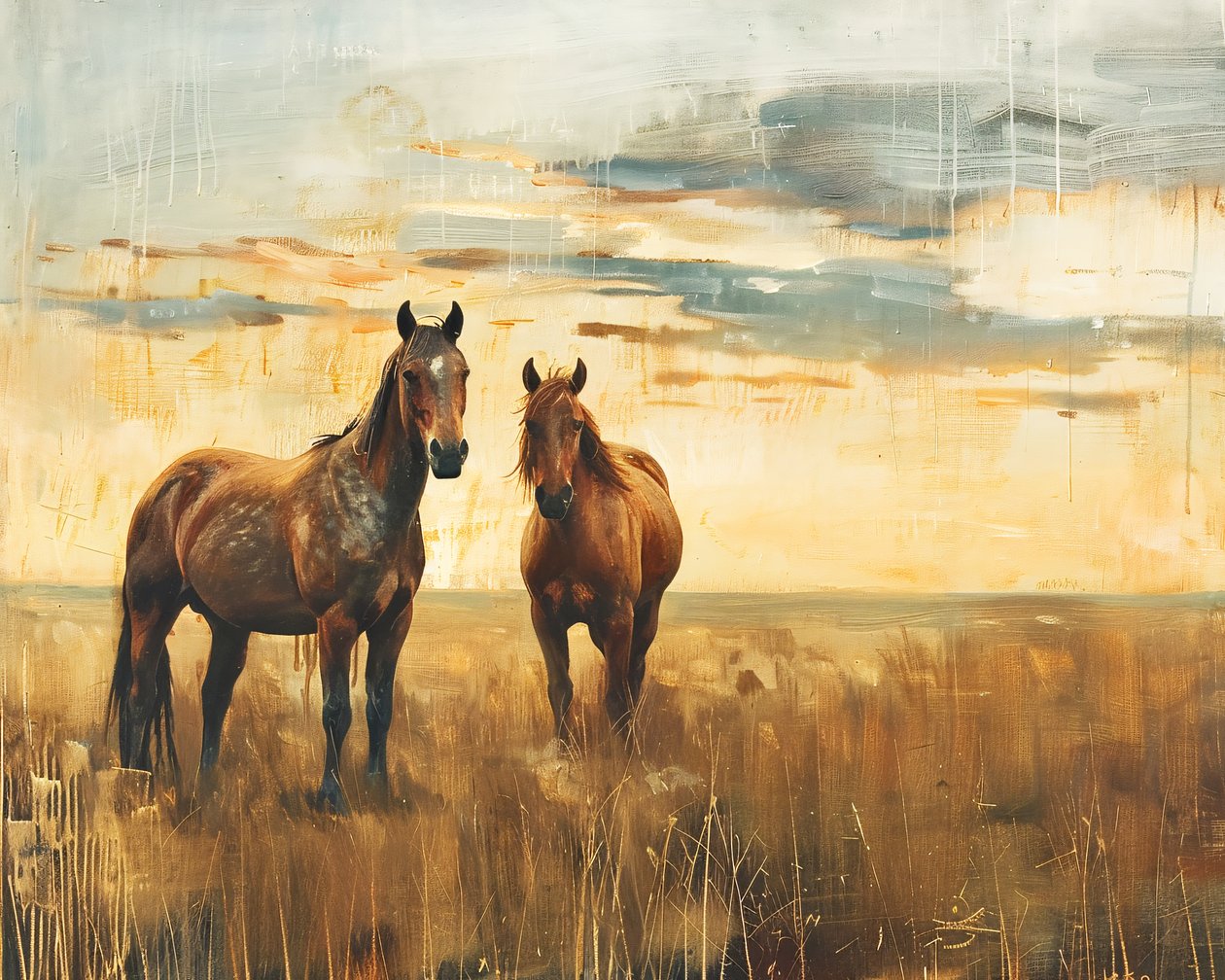 油絵 夕暮れの野原の雄大な馬たち, キャンバス  壁飾り 作： ファフタリ・アブデラヒム