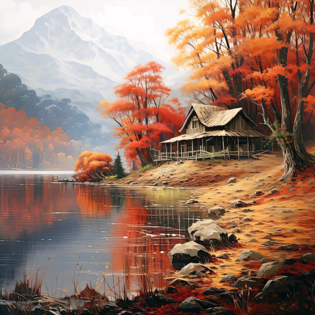 川のそばの森の中の小屋の絵、寝室の壁飾り 作： ファフタリ・アブデラヒム