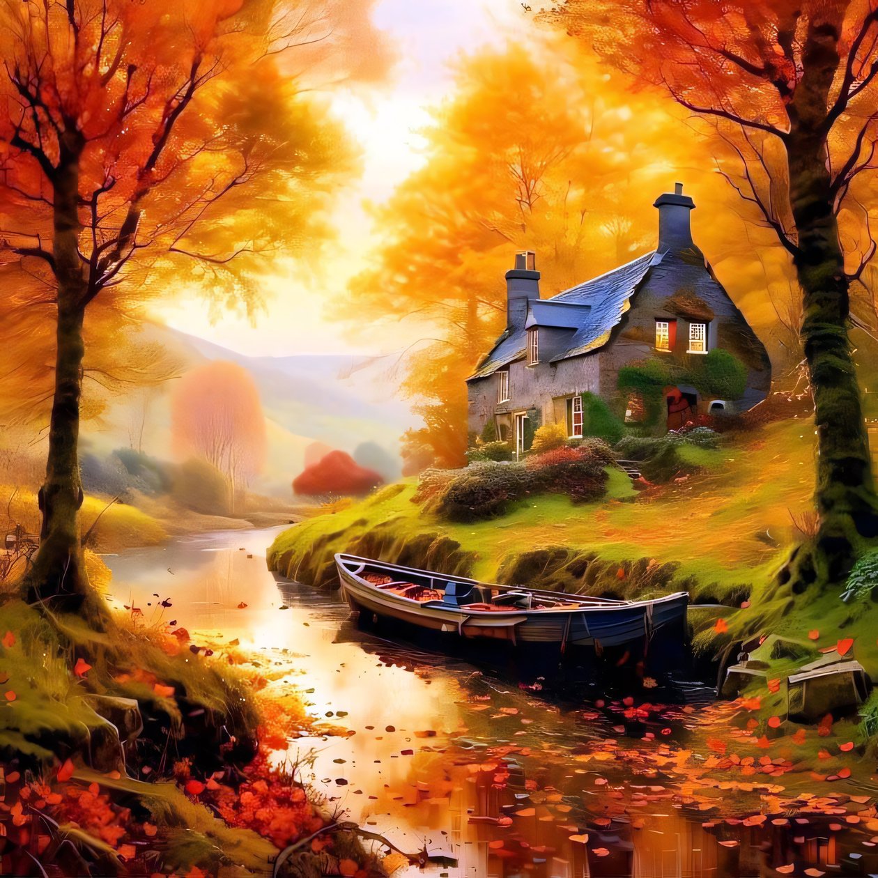 小川が流れる森の中の小屋の絵、秋の風景 作： ファフタリ・アブデラヒム