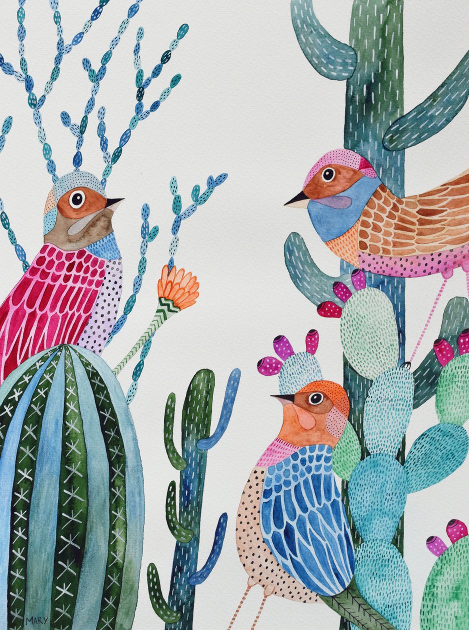 飢えた鳥たち 作： メアリーの水彩画