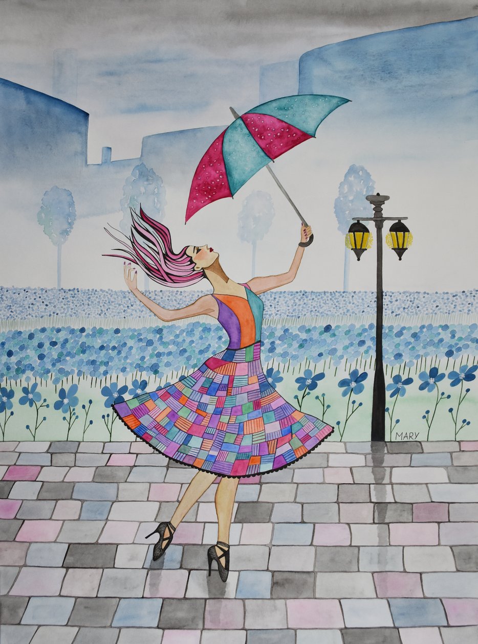 彼女は雨の中で踊る 作： メアリーの水彩画