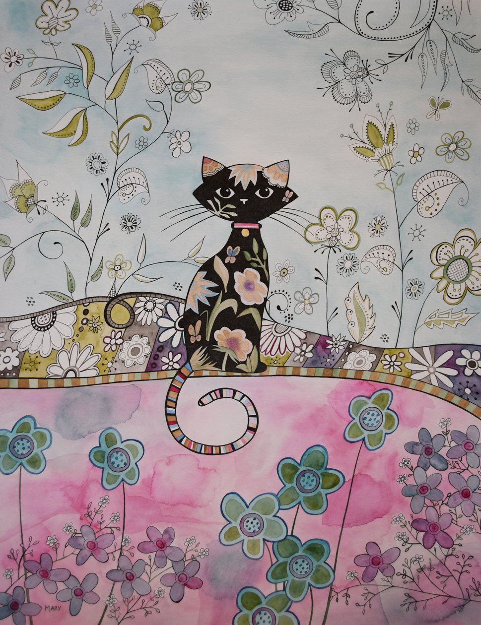 黒い子猫 作： メアリーの水彩画