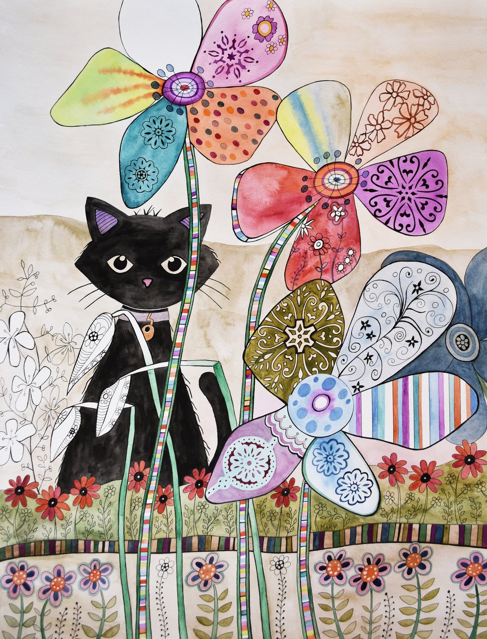 花の後ろに猫 作： メアリーの水彩画