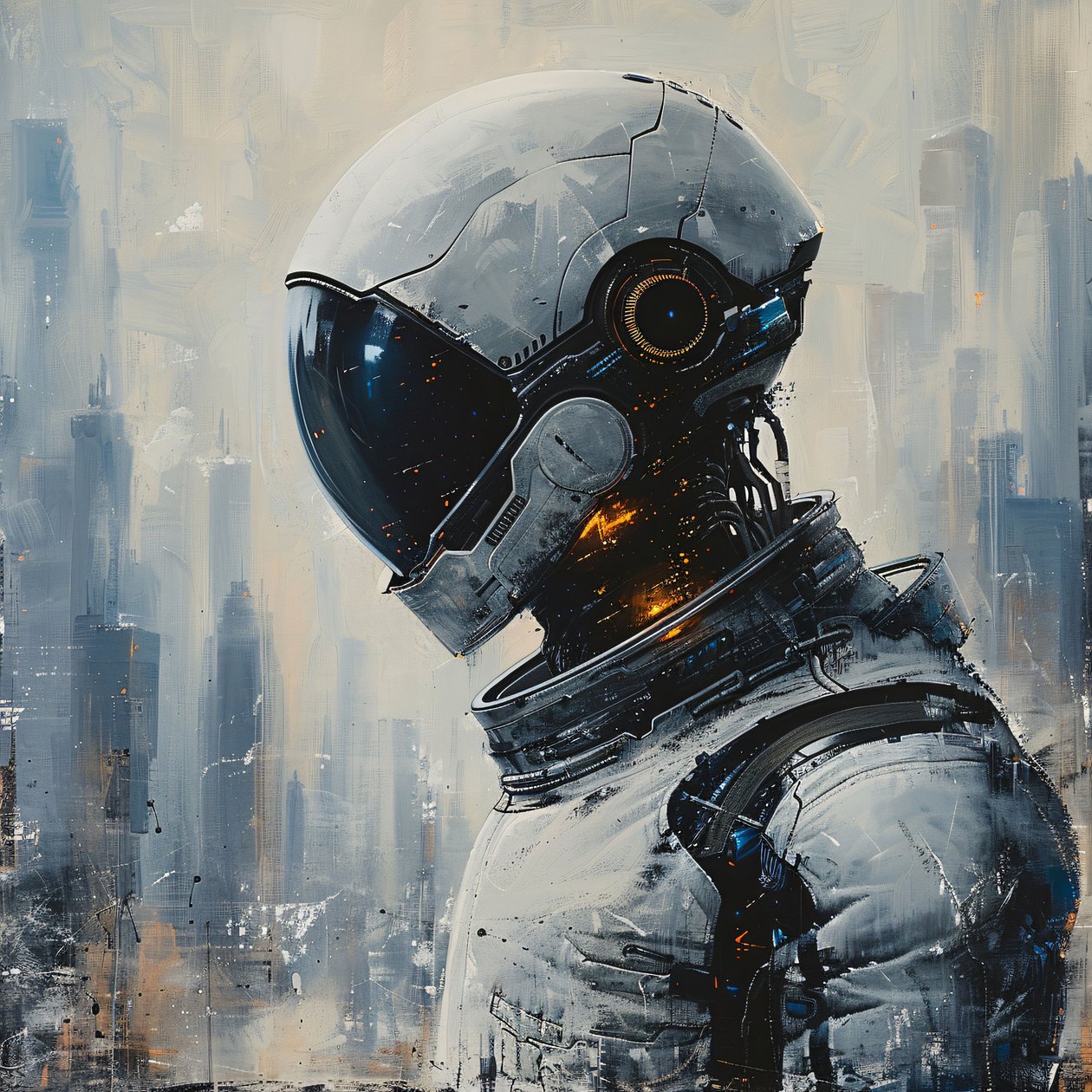 白い宇宙服に身を包み、頭にはヘルメットをかぶった男性。 作： ファフタリ・アブデラヒム