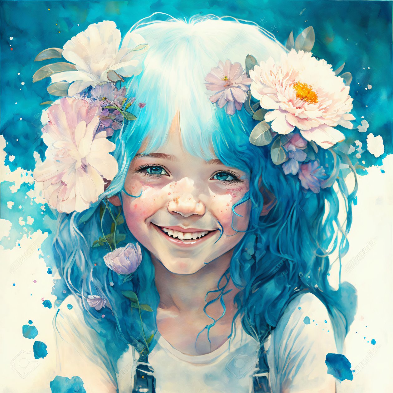 水彩画、ロイッシュスタイルのかわいい女の子、額入り壁飾り 作： ファフタリ・アブデラヒム
