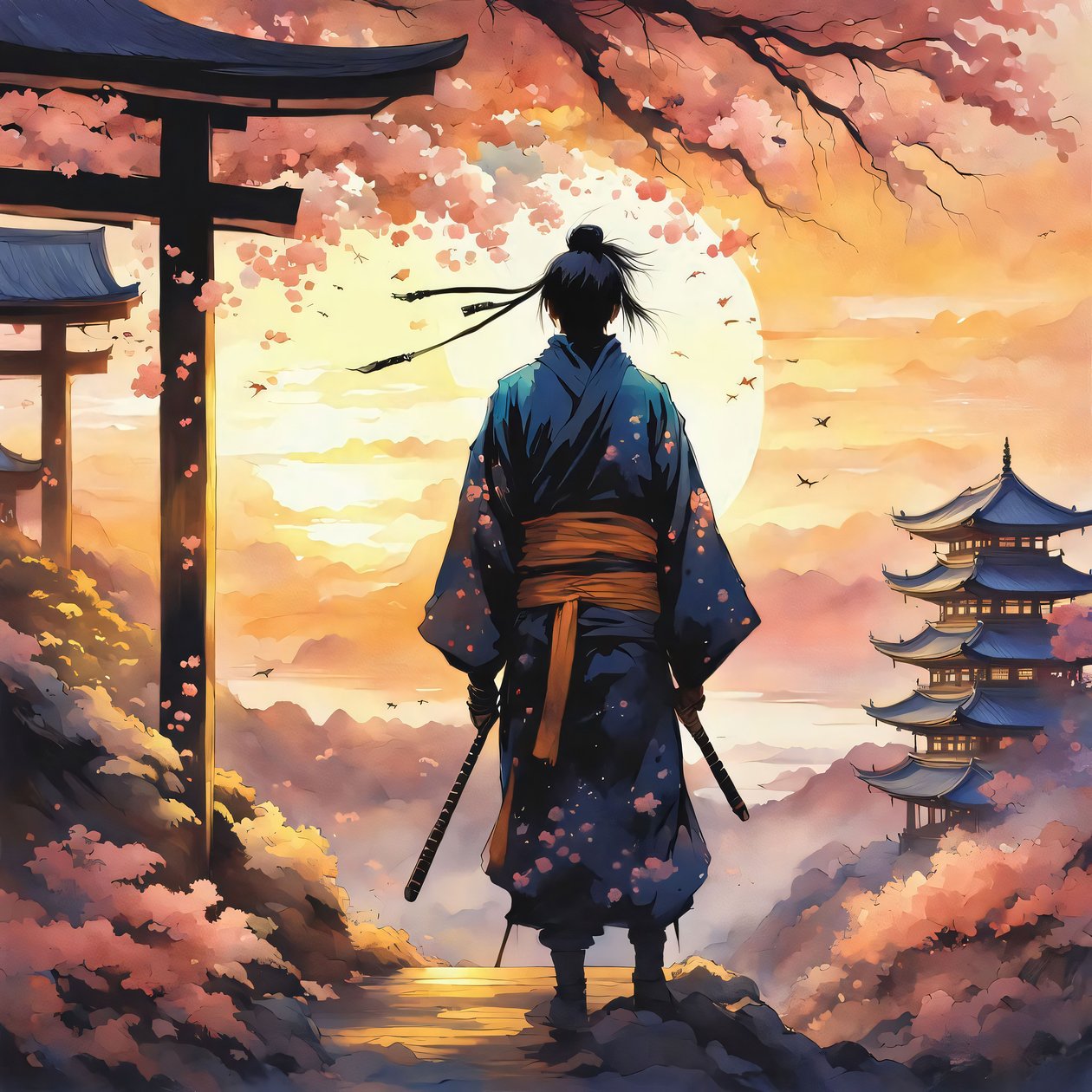 日本のサムライ, 山の上の寺院, ピンク色, カスタムのキャンバスのプリント 作： ファフタリ・アブデラヒム