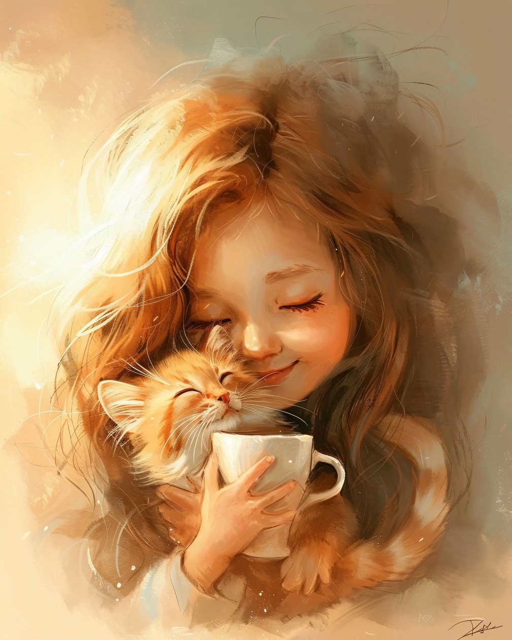 小さな女の子と猫、そしておいしいコーヒーへの愛」額装壁飾り 作： ファフタリ・アブデラヒム