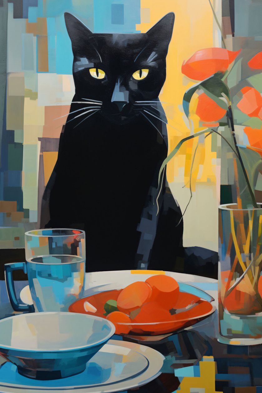 花の皿の上で食事をする黒猫の絵、ウォールアート・プリント・オン・デマンド 作： ファフタリ・アブデラヒム