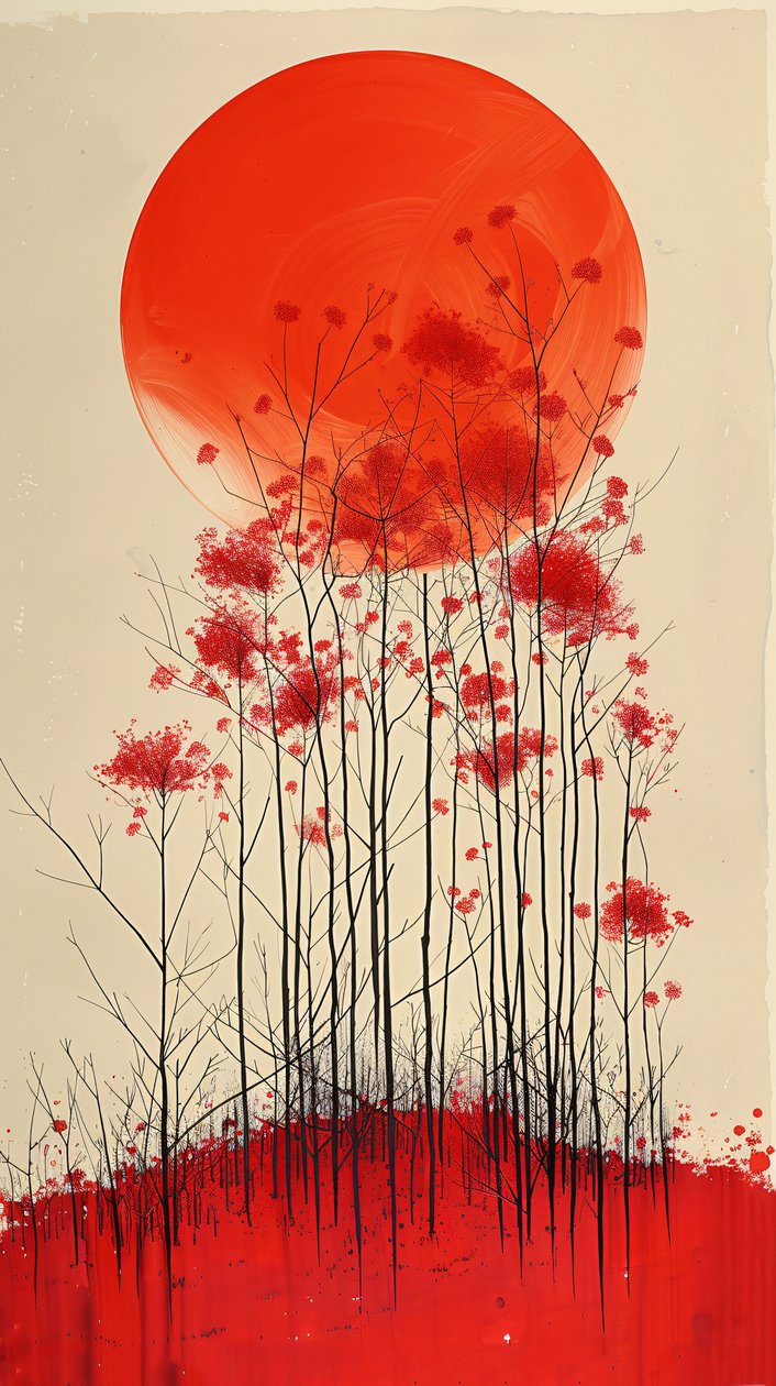 赤い花の丘の夕日 絵画 垂直壁 販売 作： ファフタリ・アブデラヒム