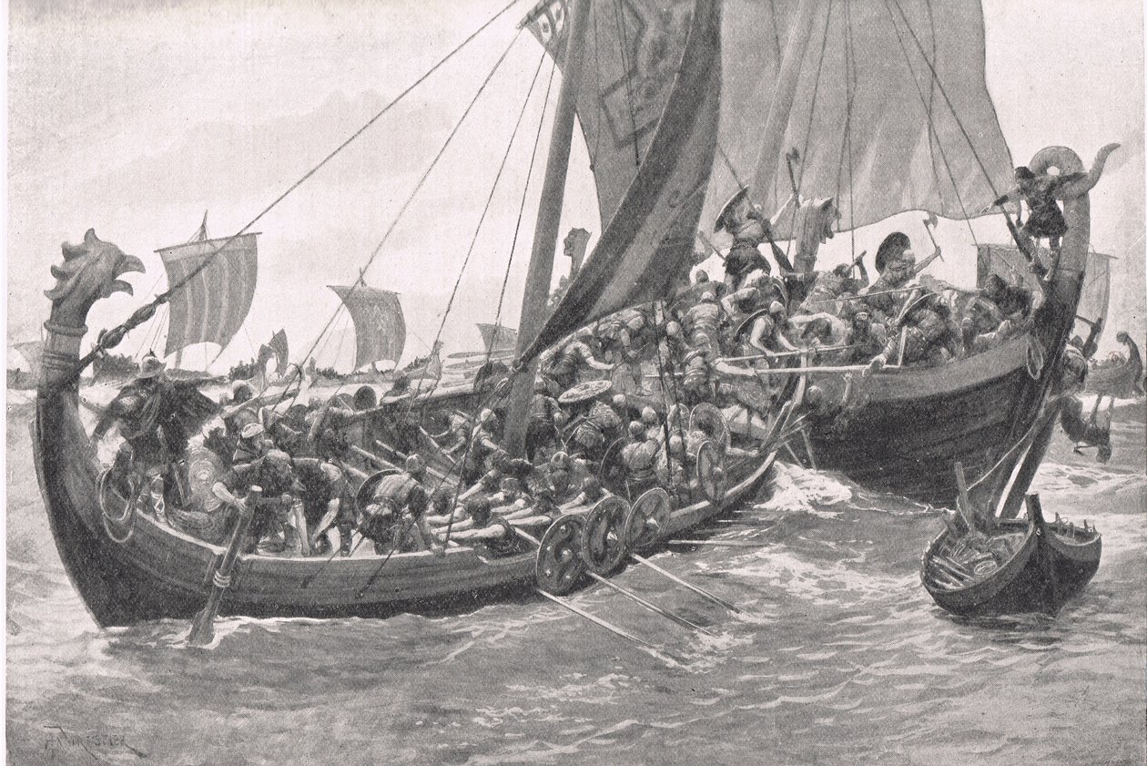 英国の最初の海戦、陸と海でのイギリスの戦いのイラスト、ロンドン、カッセル発行、1910年 作： A.フォレスティエ