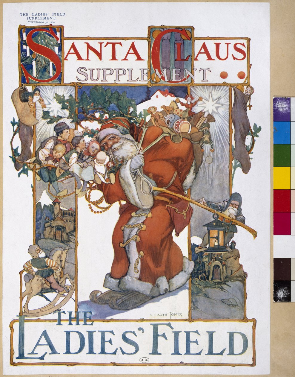 父のクリスマス、雑誌「The Ladies」フィールドの表紙イラスト、サンタクロースの補足、1901年11月30日 作： A.ガース・ジョーンズ
