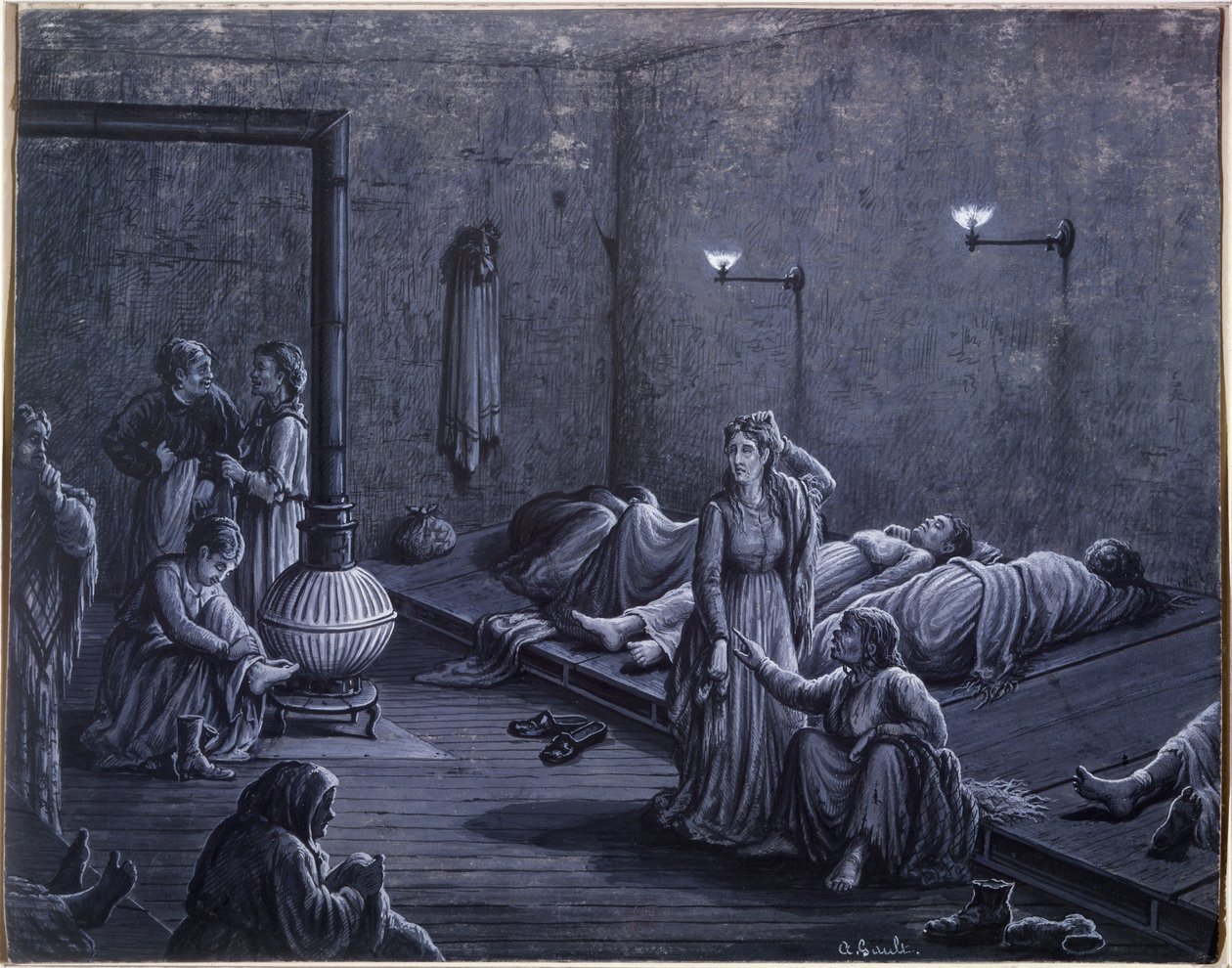 貧しい女性のためのナイトシェルターのインテリア、1850-60 作： A.ゴート
