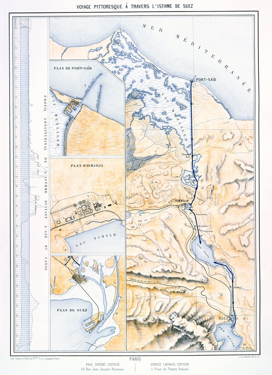 スエズ運河の地図、1870年頃 作： A.ルベアレ