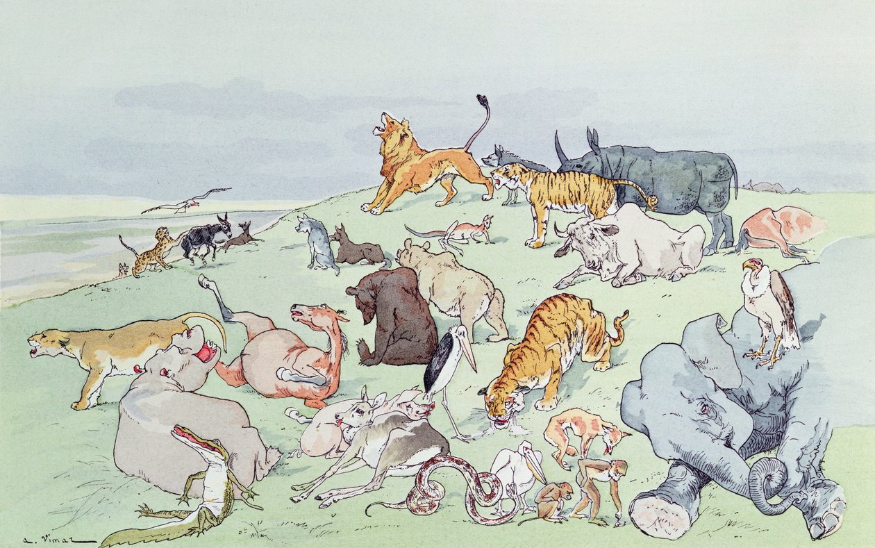 疫病にかかった動物たち、1897年の「Fables de La Fontaine」 作： A.ヴィマール
