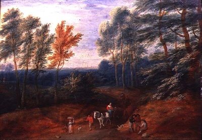 ヘイカートに乗った旅人のいる森の風景」（油彩・パネル 作： AFと試合P.Boudewyns