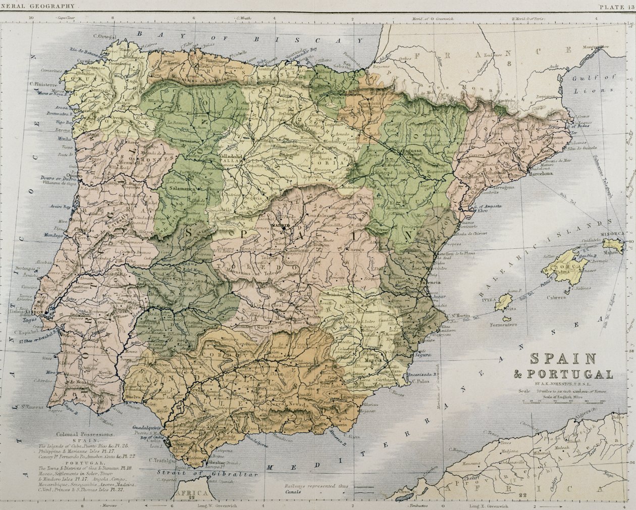 スペインとポルトガルの地図、1869年頃 作： アレクサンダー・キース・ジョンストン