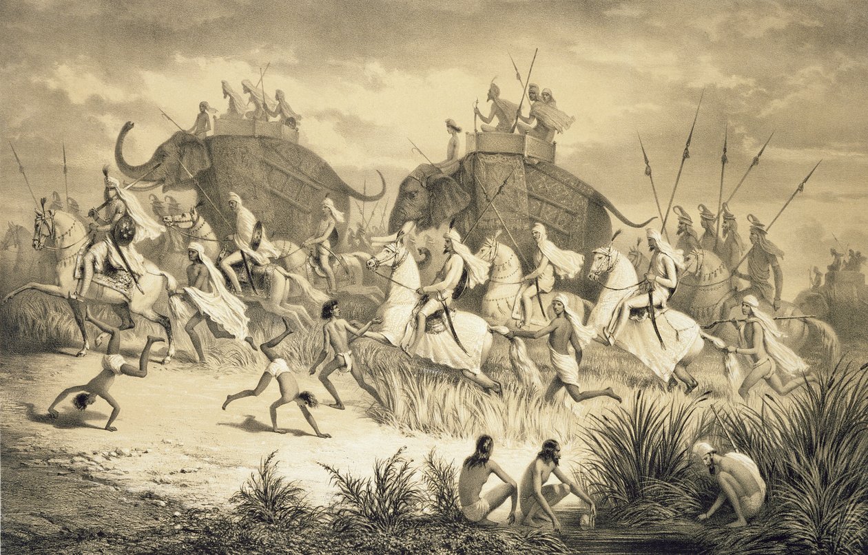ルイ・アンリ・ド・ラダー（1807-81）のパブによって彫刻された、「インドへの航海」からの象に乗ったシーク教徒の酋長の騎兵隊。 ロンドンで 作： A.（後）Soltykoff
