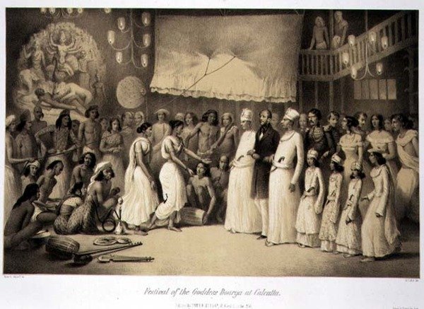 カルカッタでのドゥルガ女神の祭礼、Louis Henri de Rudder（1807-81）が彫刻した「Voyage in India」より。 作： A.（後）Soltykoff