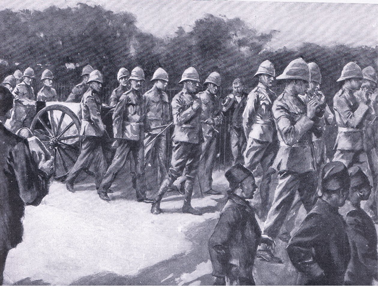 プレトリア後のシモンズタウンでのBoer囚人の軍事的栄誉を伴う葬儀：Harmsworth Bros Limited、1901年に発行されたゲリラ戦争 作： ACボール