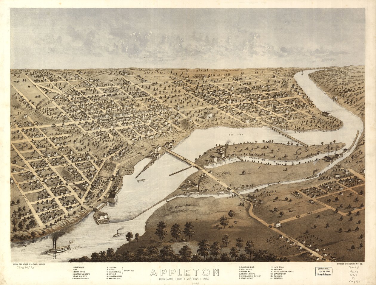 ウィスコンシン州アウトガミー郡アップルトン 1867年LOC 73694533 作： A; Chicago Lithographing Co. Ruger