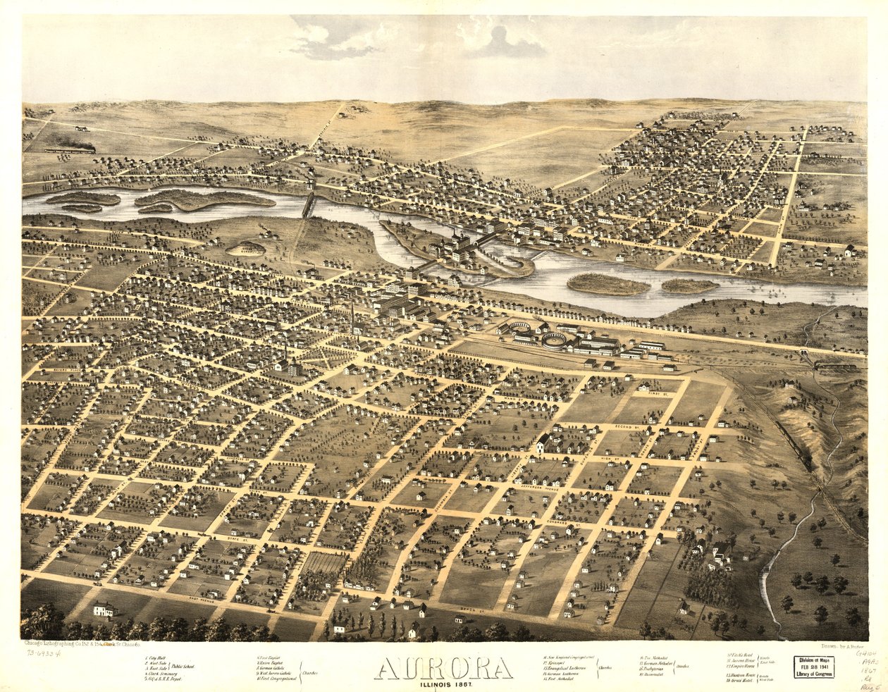 イリノイ州オーロラ 1867年LOC 73693341 作： A; Chicago Lithographing Co. Ruger