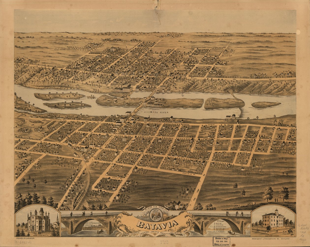 1869年、イリノイ州ケーン郡バタヴィアの鳥瞰図。LOC 73693342 作： A; Chicago Lithographing Co. Ruger