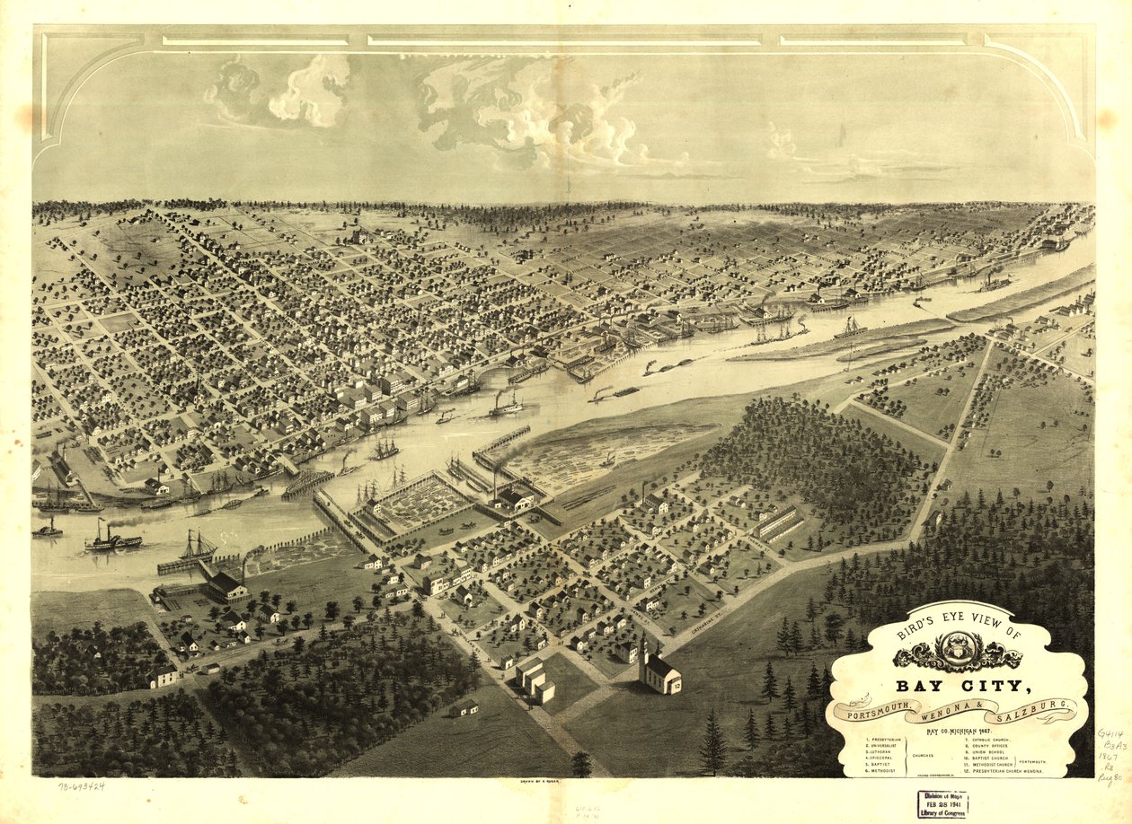 ミシガン州ベイ市、ポーツマス、ウェノナ、ザルツブルクの鳥瞰図（1867年）。LOC 73693424 作： A; Chicago Lithographing Co. Ruger