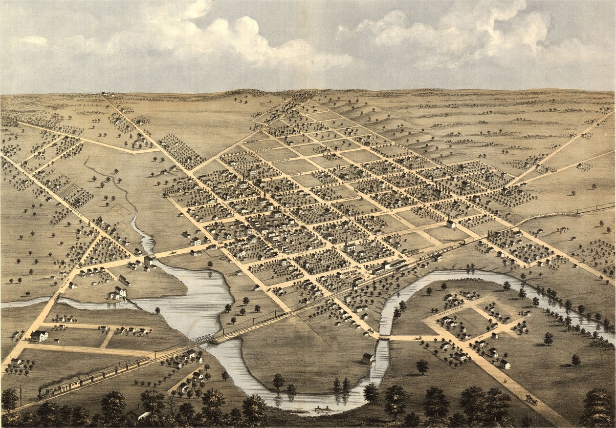 1868年、ウィスコンシン州コロンビア郡コロンバスの鳥瞰図。LOC 73694538 作： A; Chicago Lithographing Co. Ruger