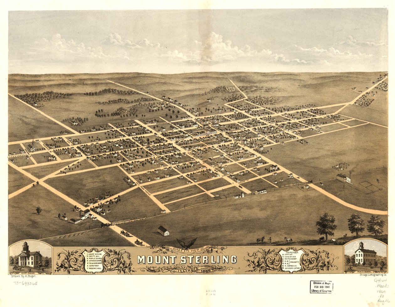 1869年、イリノイ州ブラウン郡マウント・スターリングの鳥瞰図。LOC 73693365 作： A; Chicago Lithographing Co. Ruger