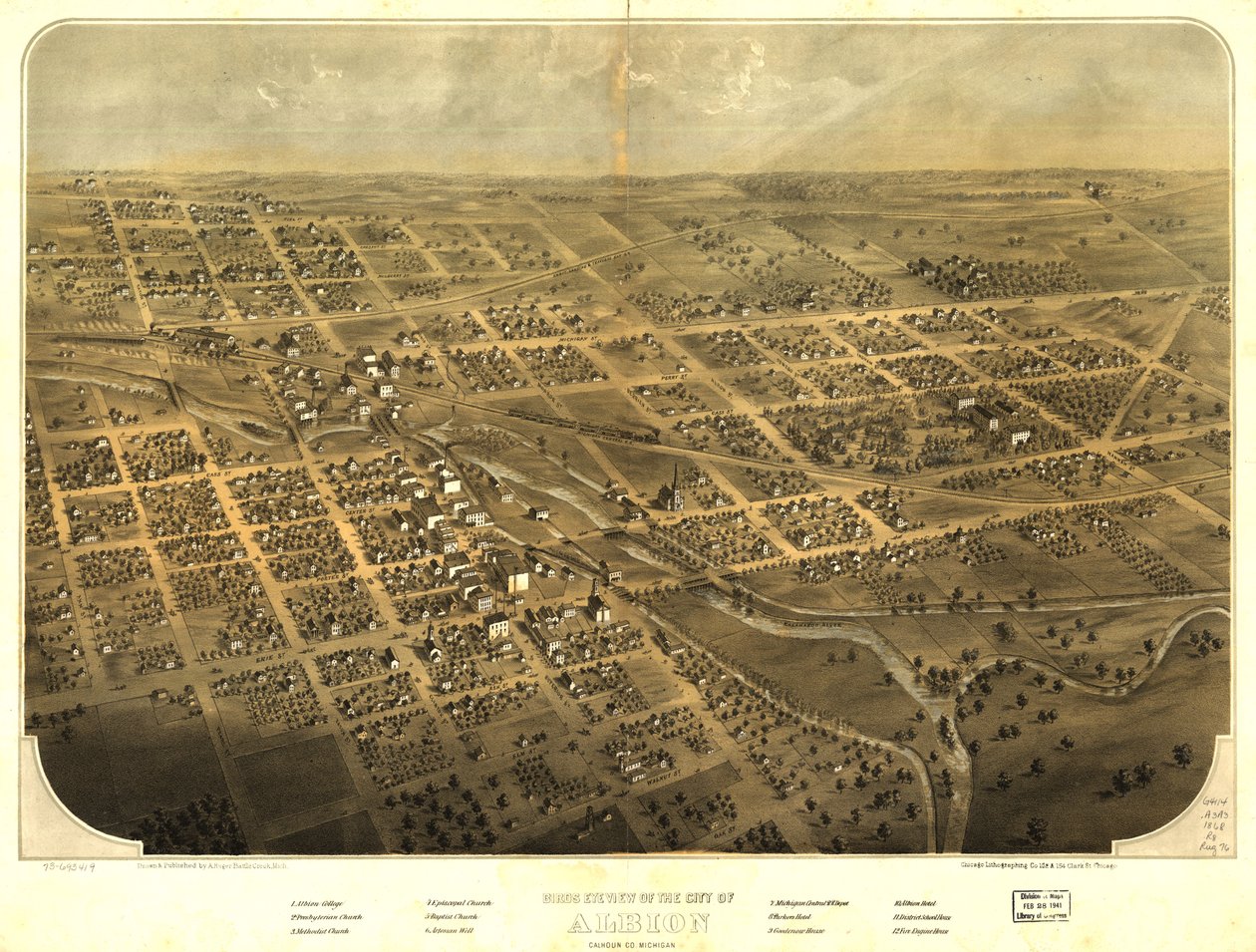 ミシガン州カルフーン郡アルビオン市の鳥瞰図。LOC 73693419 作： A; Chicago Lithographing Co. Ruger