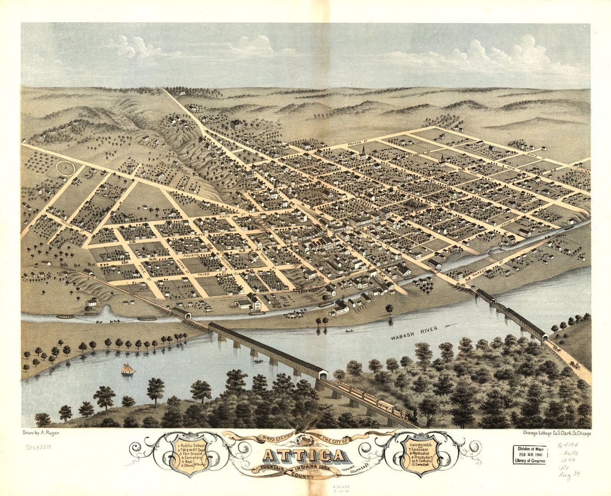 1869年、インディアナ州ファウンテン郡アッティカ市の鳥瞰図。LOC 73693378 作： A; Chicago Lithographing Co. Ruger