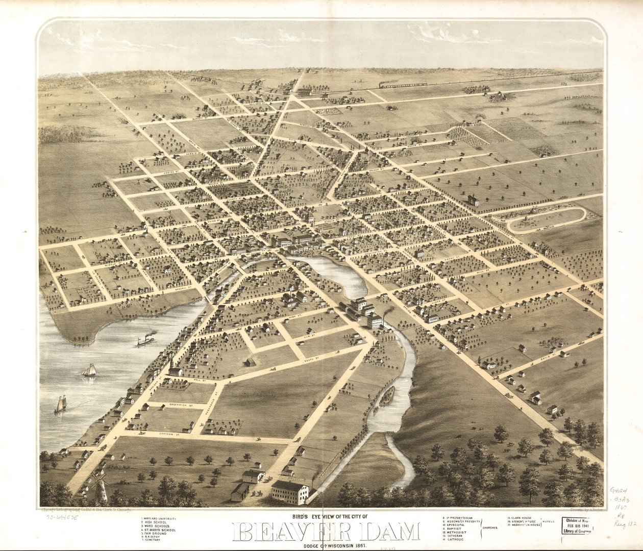 1867年、ウィスコンシン州ドッジ郡ビーバーダム市の鳥瞰図。LOC 73694535 作： A; Chicago Lithographing Co. Ruger