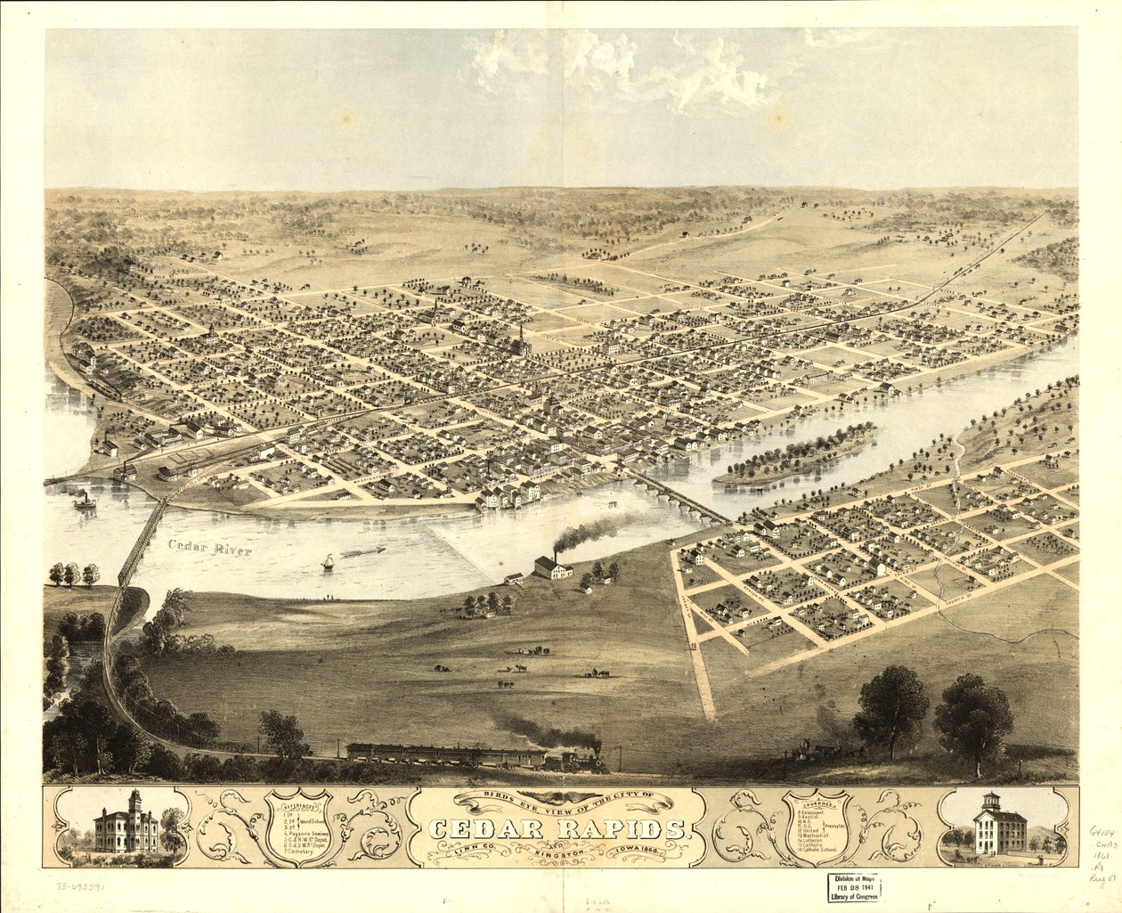 1868年、アイオワ州リン郡シーダーラピッズ市とキングストンの鳥瞰図。LOC 73693391 作： A; Chicago Lithographing Co. Ruger