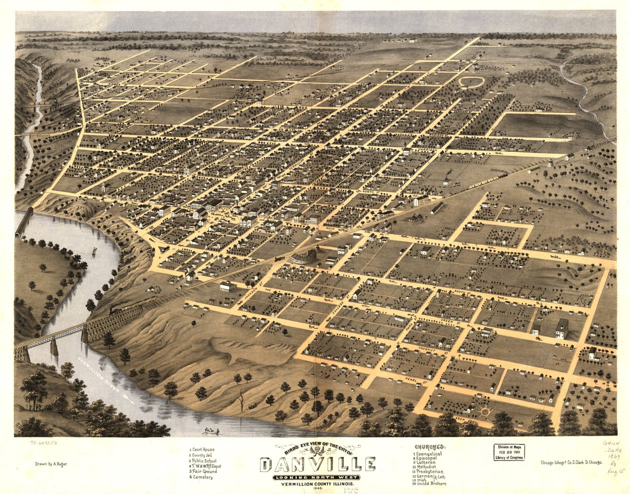 1869年、イリノイ州ヴァーミリオン郡ダンヴィル市の鳥瞰図。LOC 73693353 作： A; Chicago Lithographing Co. Ruger
