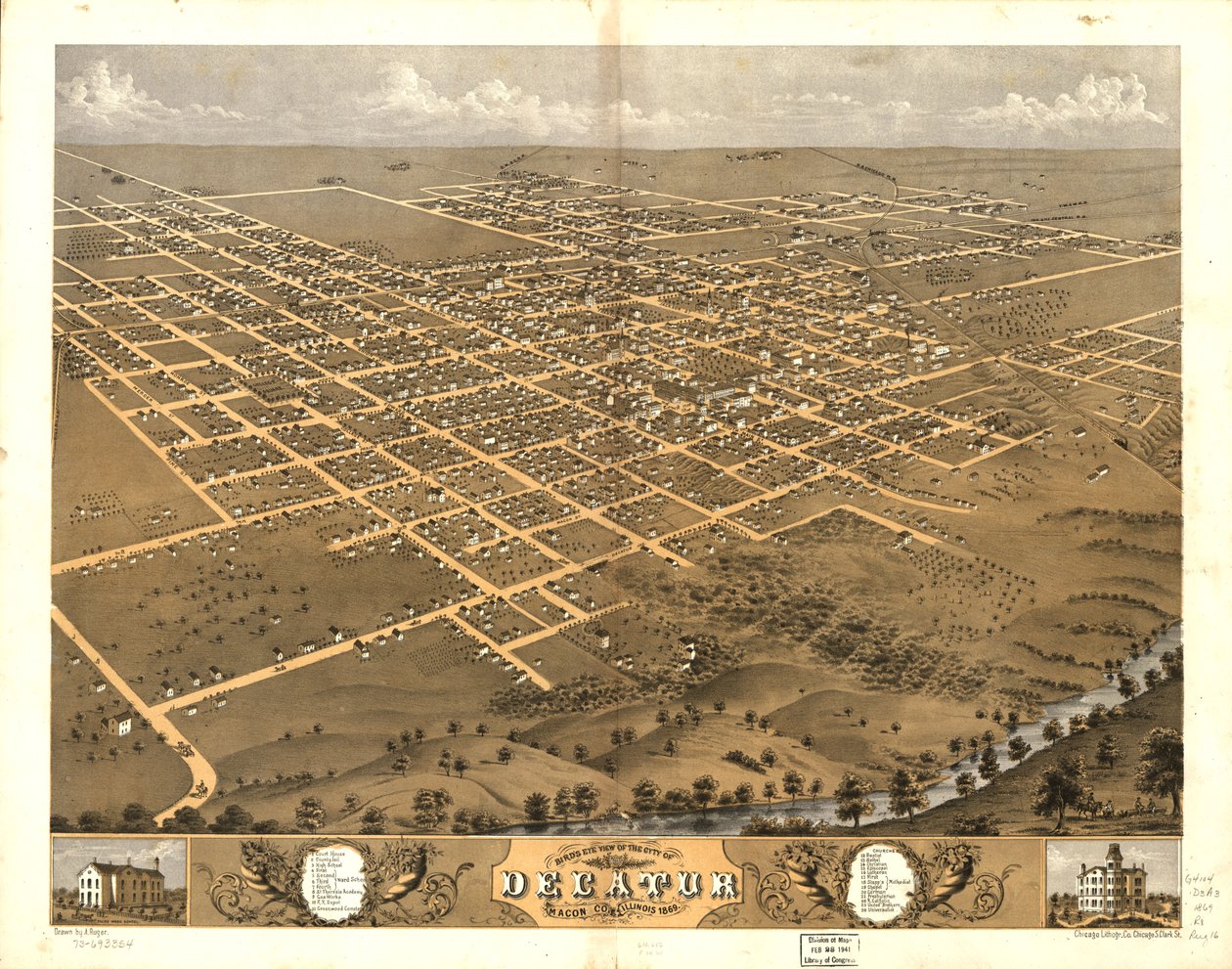 1869年、イリノイ州メイコン郡ディケーター市の鳥瞰図。LOC 73693354 作： A; Chicago Lithographing Co. Ruger
