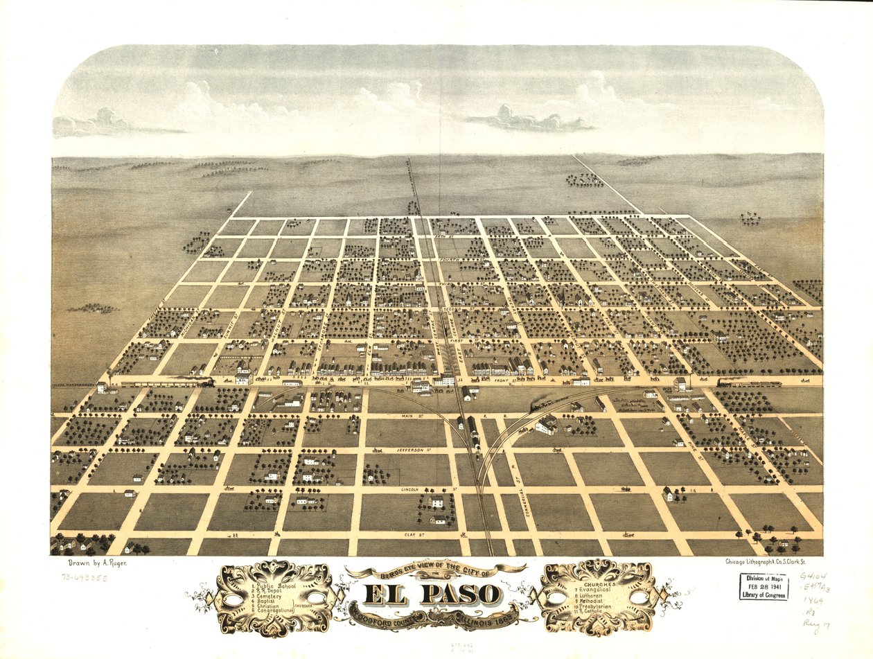 1869年、イリノイ州ウッドフォード郡エルパソ市の鳥瞰図。LOC 73693355 作： A; Chicago Lithographing Co. Ruger