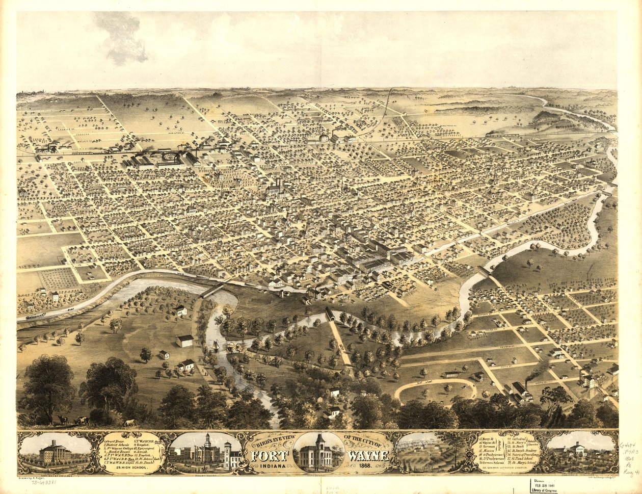 1868年、インディアナ州フォートウェイン市の鳥瞰図。LOC 73693381 作： A; Chicago Lithographing Co. Ruger