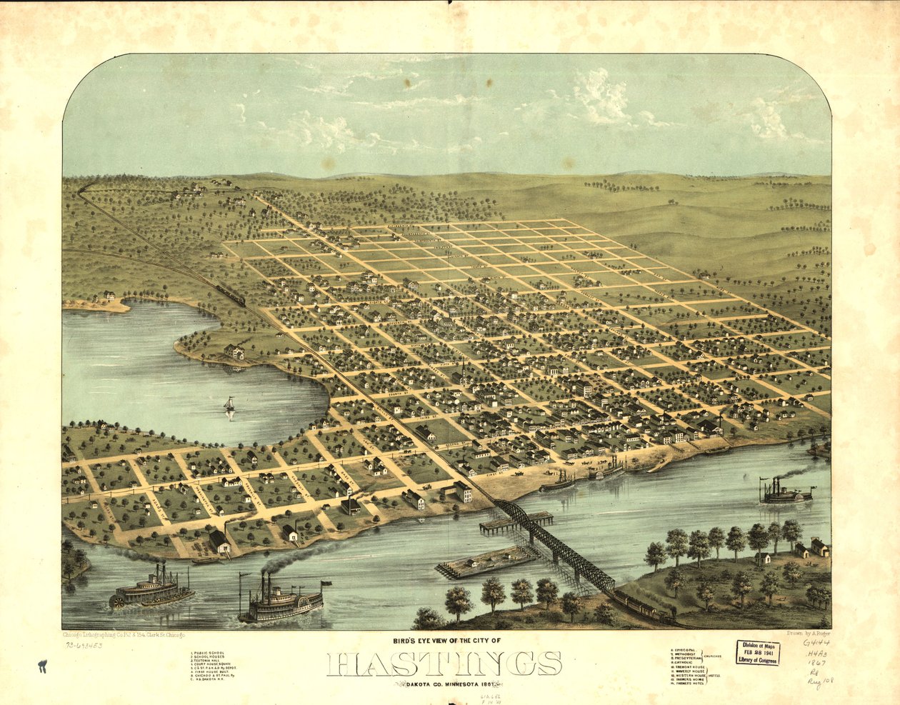 1867年、ミネソタ州ダコタ、ヘイスティングス市の鳥瞰図。LOC 73693453 作： A; Chicago Lithographing Co. Ruger