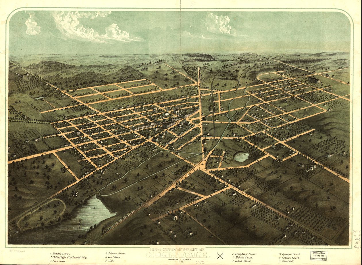 1866年、ミシガン州ヒルズデール市の鳥瞰図。LOC 73693429 作： A; Chicago Lithographing Co. Ruger