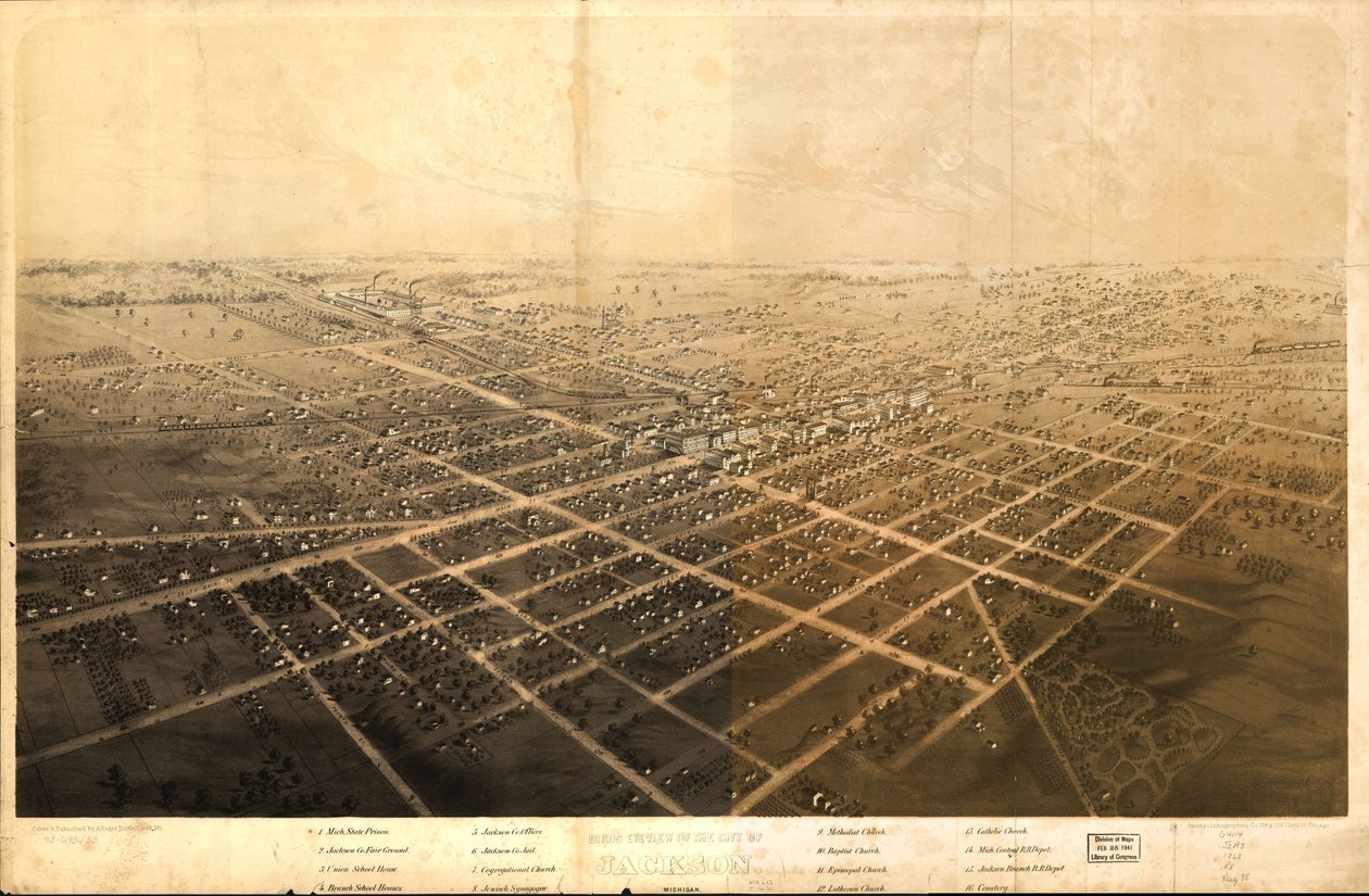 ミシガン州ジャクソン市の鳥瞰図。LOC 73693433 作： A; Chicago Lithographing Co. Ruger