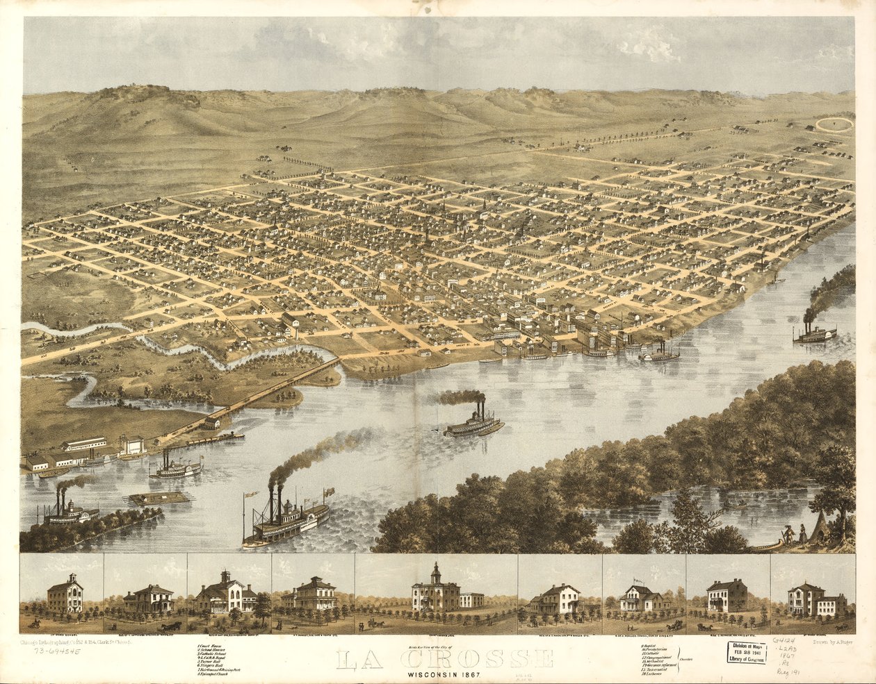 1867年、ウィスコンシン州ラクロス市の鳥瞰図。LOC 73694545 作： A; Chicago Lithographing Co. Ruger