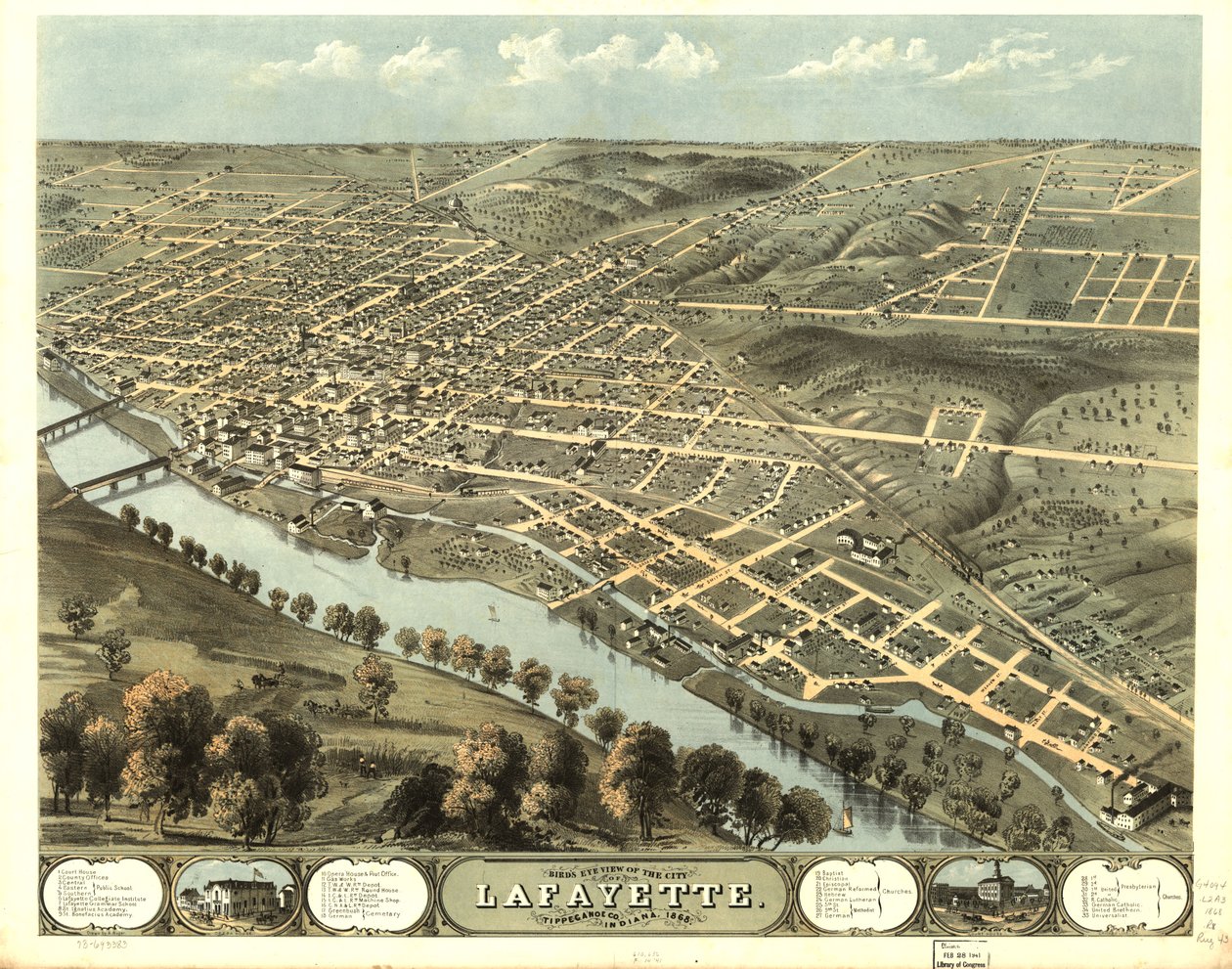 1868年、インディアナ州ティピカノー郡ラファイエット市の鳥瞰図。LOC 73693383 作： A; Chicago Lithographing Co. Ruger