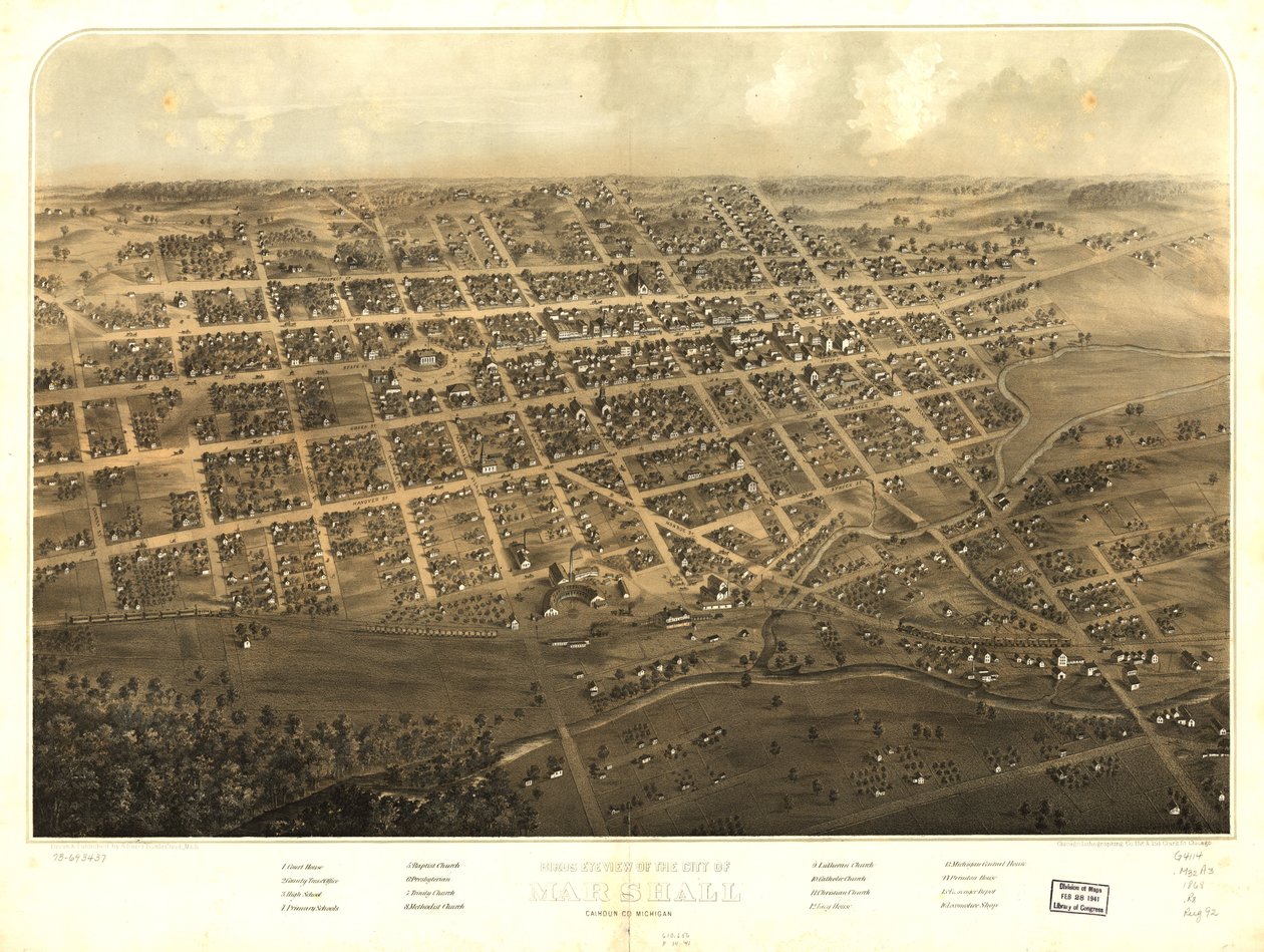 ミシガン州カルフーン郡マーシャル市の鳥瞰図。LOC 73693437 作： A; Chicago Lithographing Co. Ruger