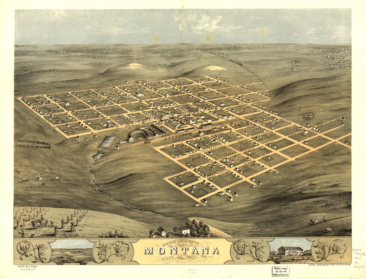 1868年、アイオワ州ブーン郡モンタナ市の鳥瞰図。LOC 73693404 作： A; Chicago Lithographing Co. Ruger
