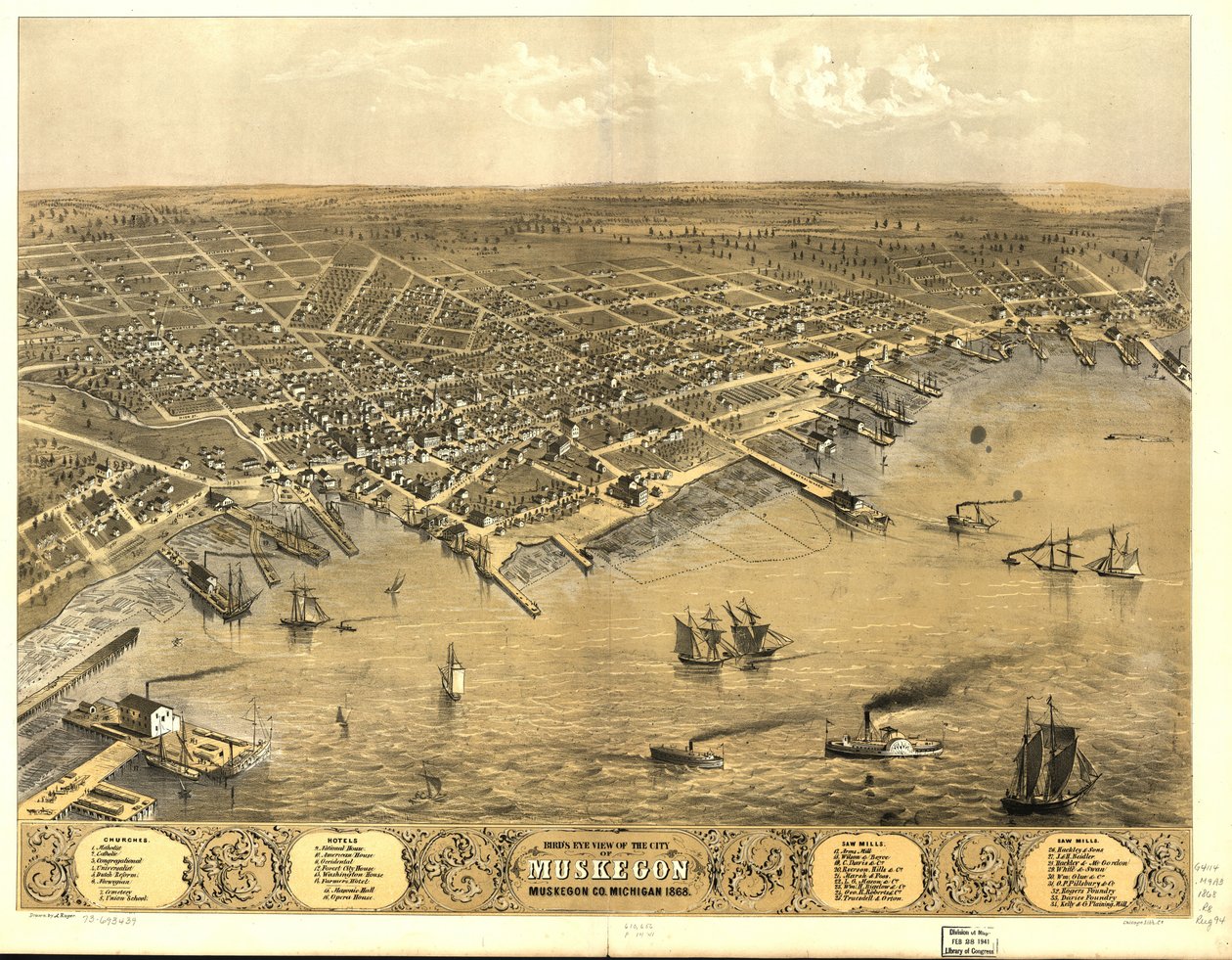 マスキーゴン市の鳥瞰図、1868 年ミシガン州マスキーゴン社。 作： A; Chicago Lithographing Co. Ruger