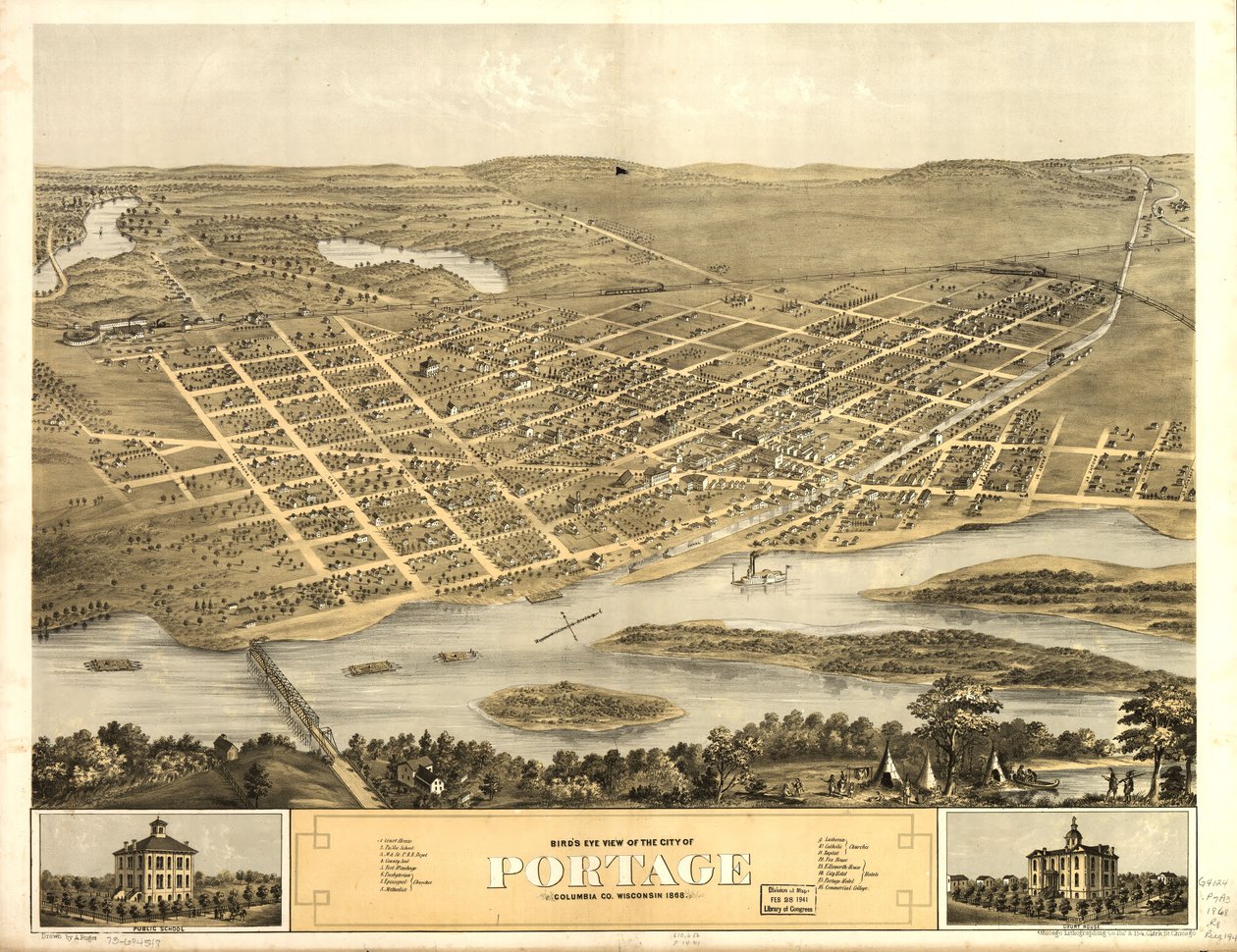 1868年、ウィスコンシン州コロンビア郡ポーテージ市の鳥瞰図。LOC 73694548 作： A; Chicago Lithographing Co. Ruger