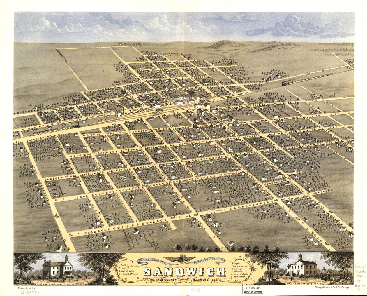 1869年、イリノイ州デ・カルブ郡、サンドイッチ市の鳥瞰図。LOC 73693372 作： A; Chicago Lithographing Co. Ruger
