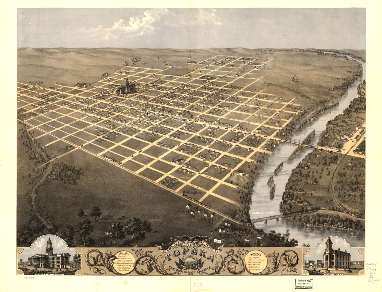1869年、カンザス州の州都トピカ市の鳥瞰図。LOC 73693411 作： A; Chicago Lithographing Co. Ruger