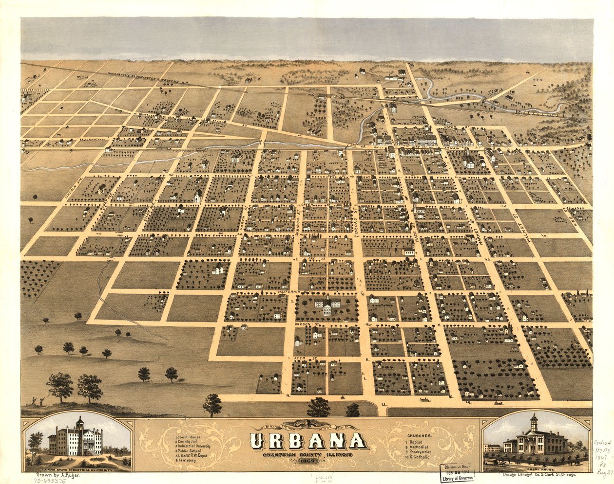 1869年、イリノイ州シャンペーン郡アーバナ市の鳥瞰図。LOC 73693375 作： A; Chicago Lithographing Co. Ruger
